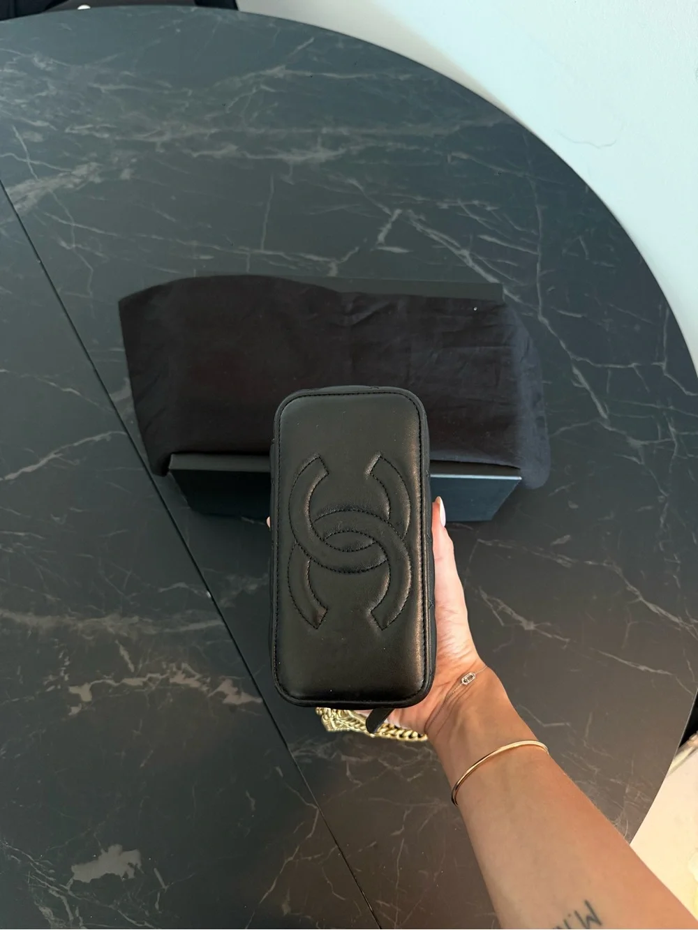 CHANEL Black Quilted Vanity Case with Gold Chain